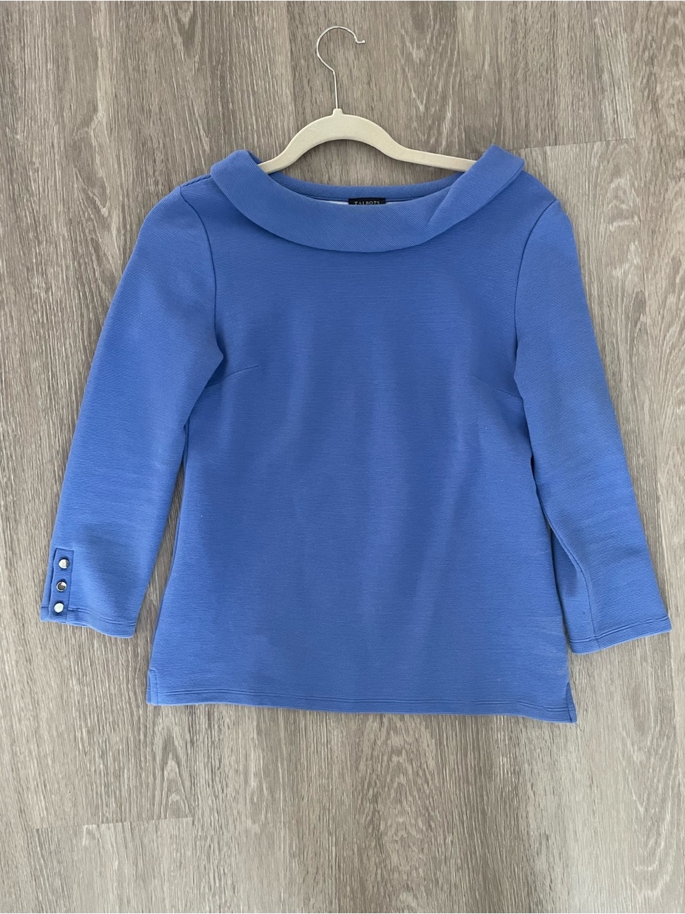 Talbots Periwinkle Blue Long-Sleeve Top with Roll Collar and Button Detail